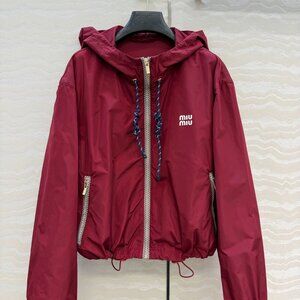 MIU MIU drawstring hooded zip-up long-sleeved short jacket for women